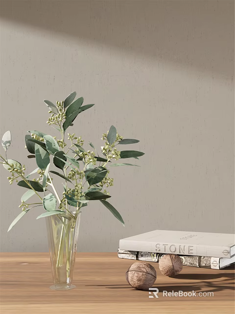 Transparent Vase Holding Green Leaves And White Flowers Against Light Gray Wall With White Book 3d model 