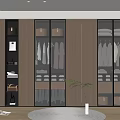 Modern Walk in Closet Interior With Glass Door Cabinets Hanging Clothes And Potted Plant