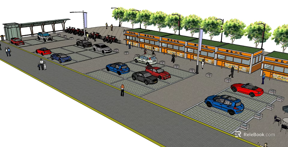 Organized Parking Lot With Parked Cars Street Lamps Trees And Adjacent Building 3d model 