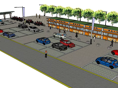 Organized Parking Lot With Parked Cars Street Lamps Trees And Adjacent Building 3d model