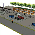 Organized Parking Lot With Parked Cars Street Lamps Trees And Adjacent Building