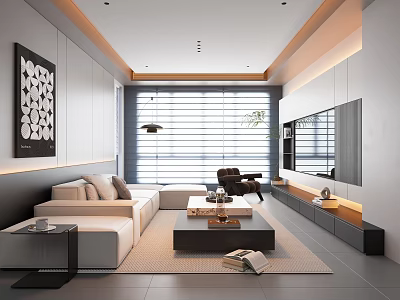 Modern Living Room Design With White Sofa Black Coffee Table TV Wall Blinds And Decorations 3d model