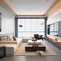 Modern Living Room Design With White Sofa Black Coffee Table TV Wall Blinds And Decorations
