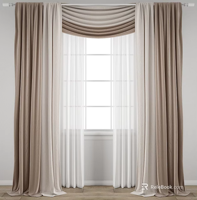 Elegant Brown Curtains With White Sheer And Decorative Valance For Window 3d model