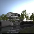Modern Detached Villa With White Exterior Large Glass Windows Surrounding Trees And Waterfront View