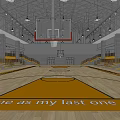 Spacious Basketball Gym Interior With Wooden Floor Inscription Yellow Bleachers And Ceiling Lighting