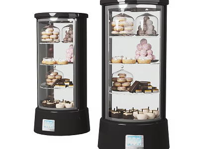 Multi Tiered Cylindrical Glass Door Display Cabinets With Black Base For Donuts And Cakes 3d model