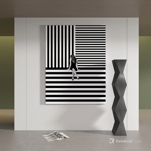 Black And White Striped Artwork With Silhouette Figure And Geometric Decor In Modern Interior Space 3d model 