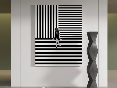 Black And White Striped Artwork With Silhouette Figure And Geometric Decor In Modern Interior Space 3d model
