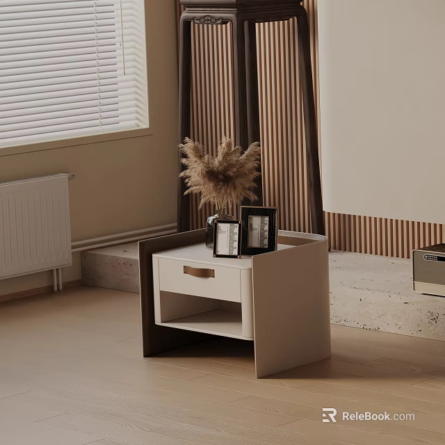 Modern White and Brown Bedside Table With Drawer Photo Frames And Dried Pampas Grass 3d model 