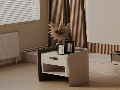 Modern White and Brown Bedside Table With Drawer Photo Frames And Dried Pampas Grass 3d model