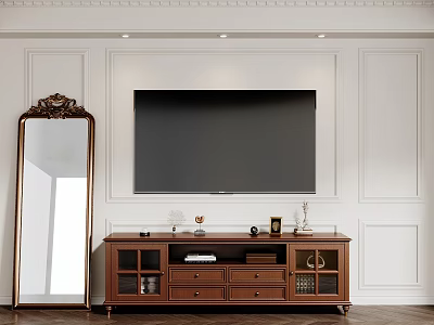 Elegant Wooden TV Stand With Drawers Glass Doors Decorative Items And Mirror 3d model