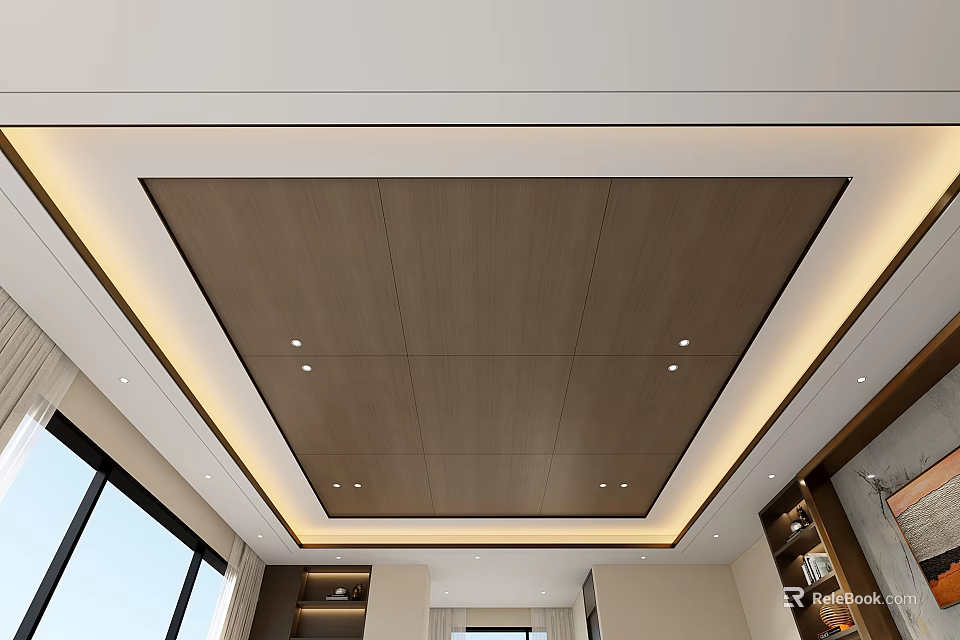 Modern Interior Ceiling Design With Wooden Panel Recessed Lights And Ambient Lighting 3d model 