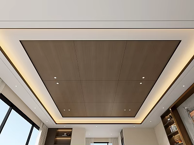 Modern Interior Ceiling Design With Wooden Panel Recessed Lights And Ambient Lighting 3d model