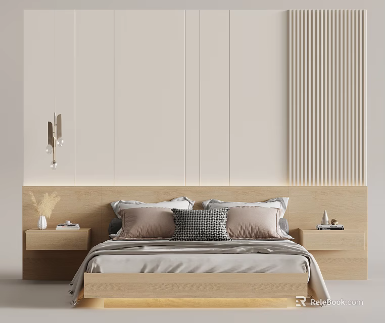 Modern Background Double Bed Featuring Wooden Headboard Pillows Bedside Tables And Vertical Stripe Wall 3d model