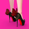 Red Butterfly Wings Decorated Black High Heels On Pink Background Surface