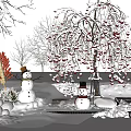 Snow Covered Shrub With Red Berries In Winter Scene With Snowmen And Path