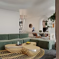 Modern Living And Dining Room With Curved Design Green Plant Bookshelves Sofa And Coffee Table