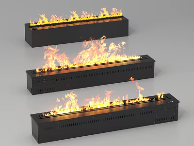 Modern Black Linear Fireplace Design With Burning Flames For Interior Decor 3d model