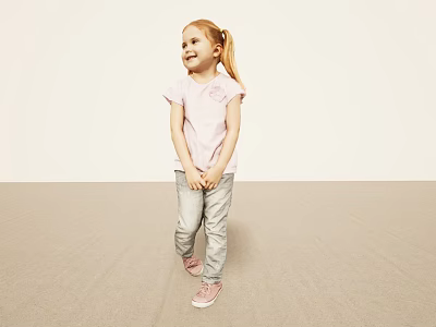 Little Girl with Pigtail Wearing Pink T-shirt Gray Pants and Pink Shoes on Light Background 3d model