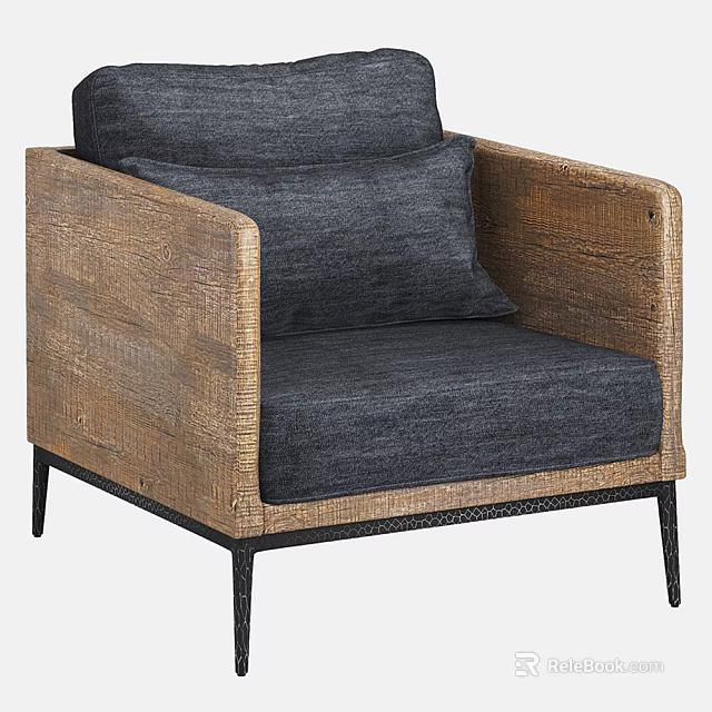 Accent Chair With Wooden Armrests Gray Cushion And Metal Legs Design 3d model 