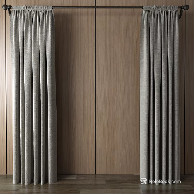 Light Gray Textured Fabric Curtains With Double Panels Against Wooden Wall 3d model 