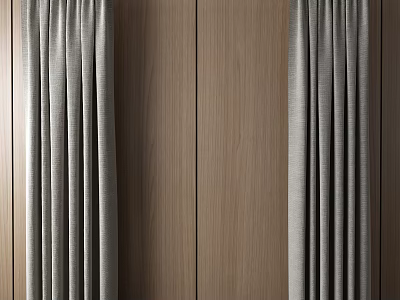 Light Gray Textured Fabric Curtains With Double Panels Against Wooden Wall 3d model