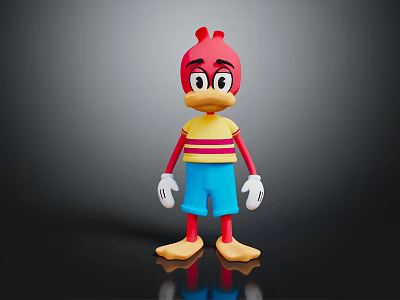 Cartoon Character Standing With Red Head Striped Shirt Blue Shorts White Gloves And Yellow Feet 3d model
