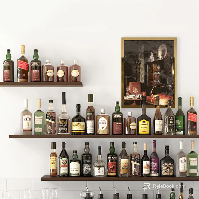 Stylish Wine Bottles and Glasses Display on Wooden Shelves with Framed Art 3d model 
