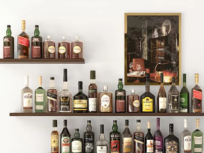 Stylish Wine Bottles and Glasses Display on Wooden Shelves with Framed Art 3d model