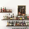 Stylish Wine Bottles and Glasses Display on Wooden Shelves with Framed Art