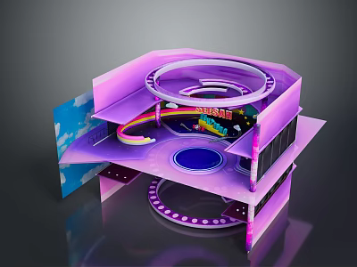 Purple Multi Layered Art Installation With Circular Rings And Rainbow Elements 3d model