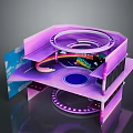 Purple Multi Layered Art Installation With Circular Rings And Rainbow Elements