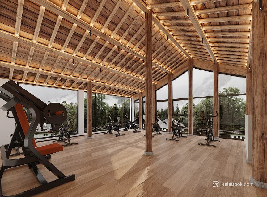 Spacious Fitness Studio With Wooden Ceiling Large Windows And Equipment 3d model 