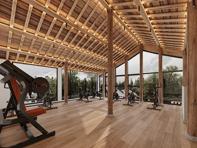 Spacious Fitness Studio With Wooden Ceiling Large Windows And Equipment 3d model