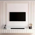 White Paneled TV Background Wall with Mounted Black TV Decorative Stand and Wall Sconces