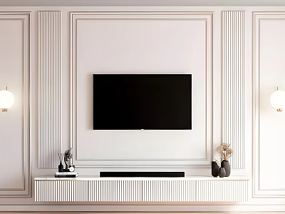 White Paneled TV Background Wall with Mounted Black TV Decorative Stand and Wall Sconces 3d model