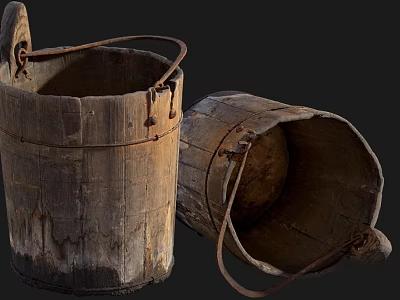 Vintage Wooden Buckets With Rustic Iron Handles And Weathered Finish 3d model