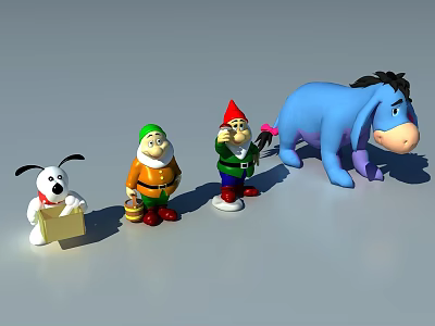 Toy Figures of Game and Movie Characters Featuring Three Dwarfs a Dog and Donkey 3d model