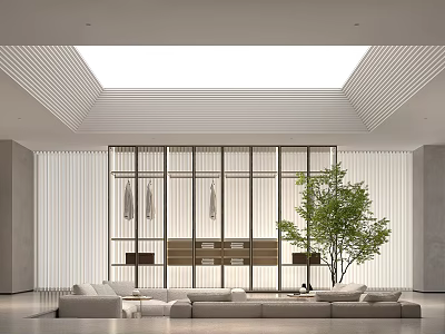 Modern Living Room Interior With Large Skylight Glass Partition White Sofa And Green Plant 3d model