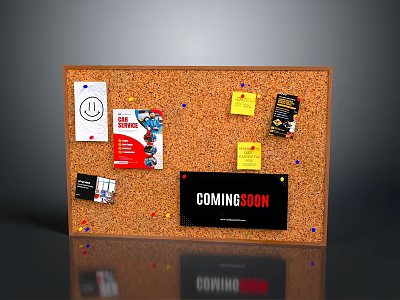 Corkboard Display Board With Pinned Notes Papers And Coming Soon Poster 3d model