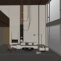 Duplex Living Room Contemporary Interior With Modern Hanging Light Sofa Large Windows And Fireplace