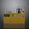Stylish Orange Cabinet With Multiple Drawers Open Shelves Books Vases Lamp And Radio