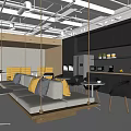 Modern Break Room With Swing Sofa Yellow Gray Cushions Black Cabinets Tables And Chairs