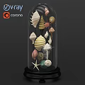 Decorative Ornament Under Glass Dome With Colorful Seashells Starfish And Marine Elements