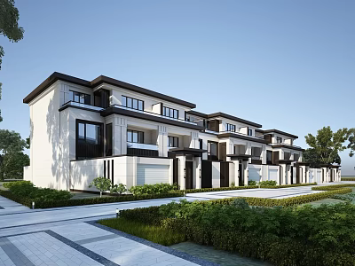 Modern Townhouse Exterior Design With Light And Dark Facade Row Units Landscaped Garden Paved Walkway 3d model