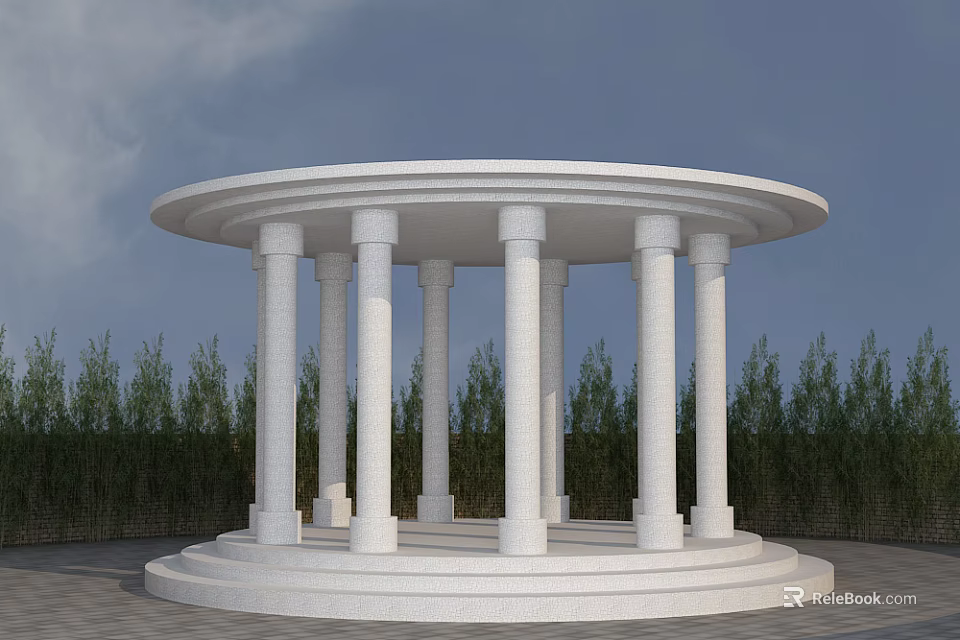 White Circular Pavilion With Columns Steps And Green Trees Under Blue Sky 3d model 