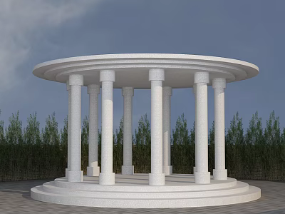 White Circular Pavilion With Columns Steps And Green Trees Under Blue Sky 3d model