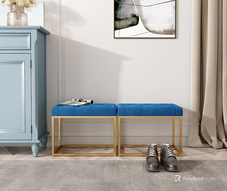 Blue Sofa Bench With Golden Frame And Brown Shoes Near Light Blue Cabinet 3d model 