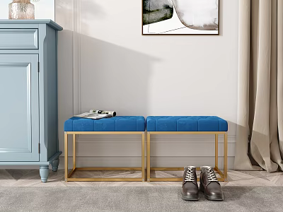 Blue Sofa Bench With Golden Frame And Brown Shoes Near Light Blue Cabinet 3d model